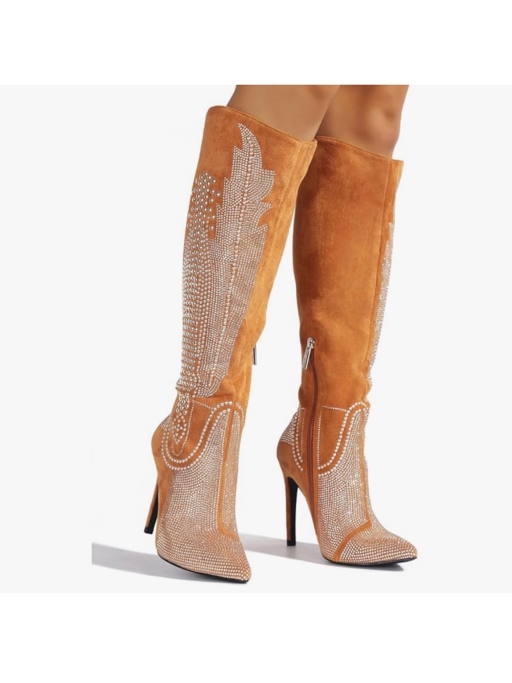 Rhinestone Embellished Suede Knee-High Western Boots